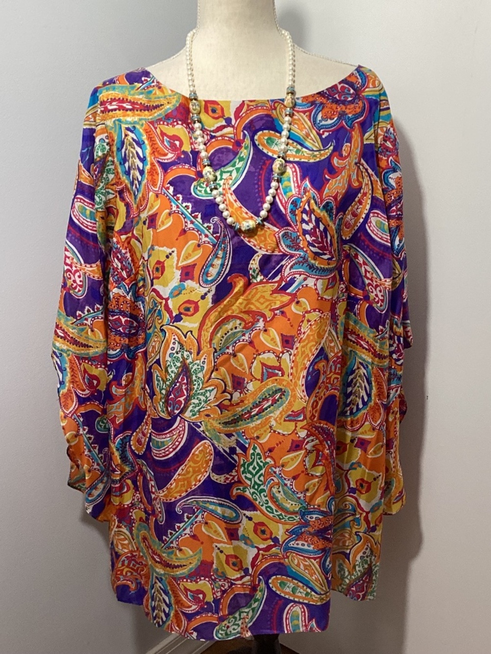 Y2K LAUREN by RALPH LAUREN 2X 100% SILK BLOUSE TUNIC BOATNECK FESTIVE ARTSY